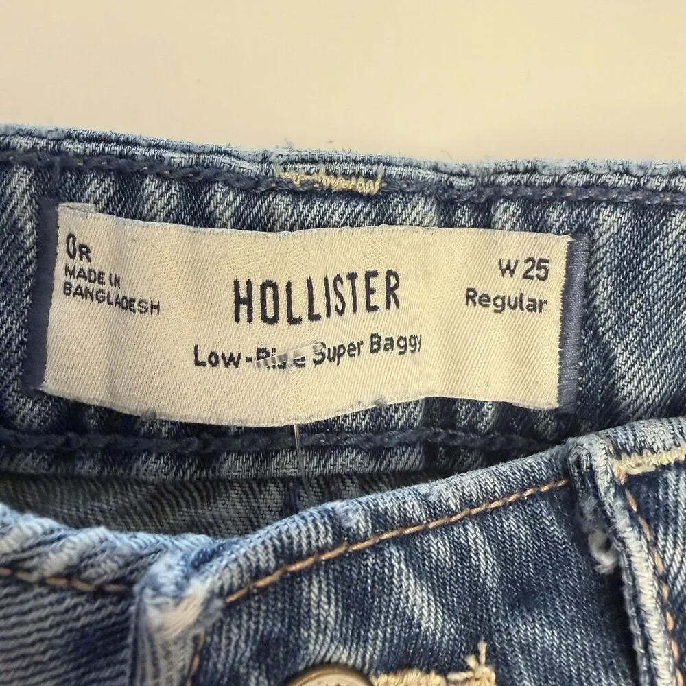 Hollister Low Rise Super Baggy Jeans W25 Light Wash Wide Leg Y2K Floral Pocket - Picture 6 of 11
